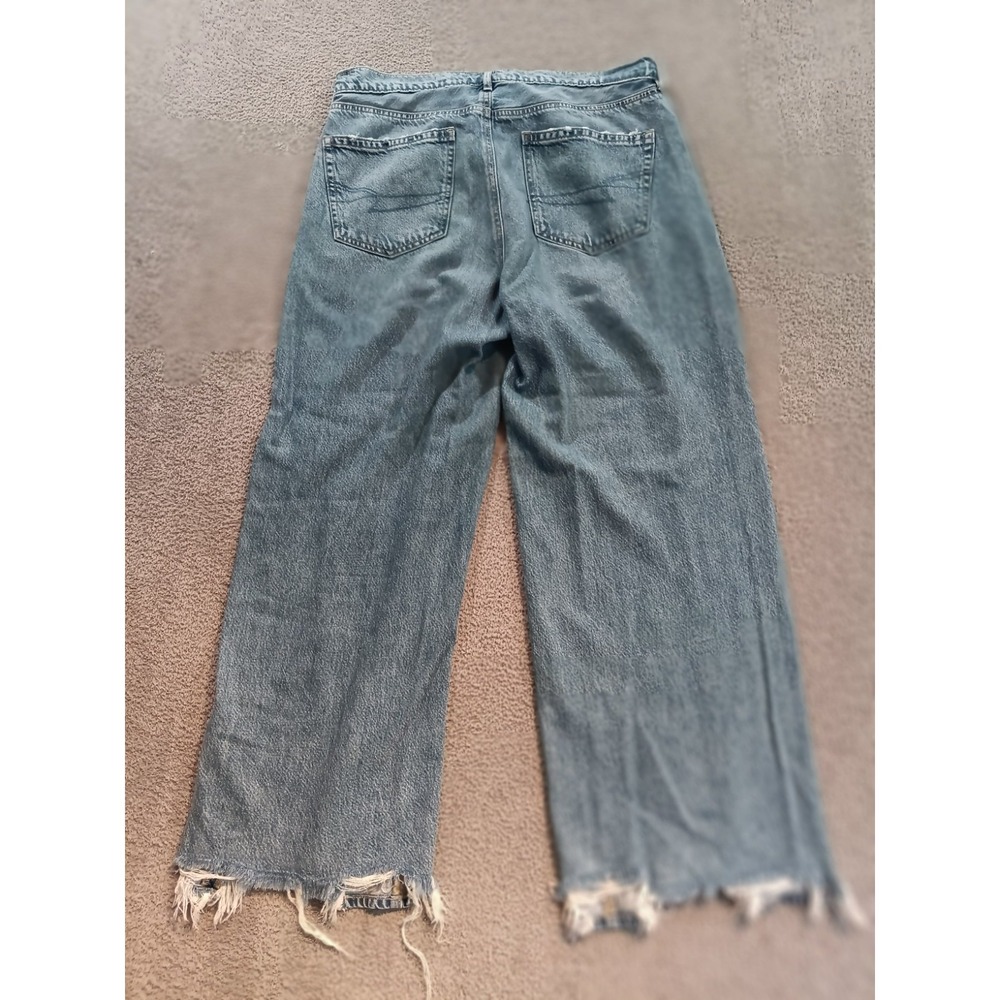 American Eagle Super High Rise Baggy Wide Leg Jeans 14R Distressed Raw Hem - Picture 10 of 11